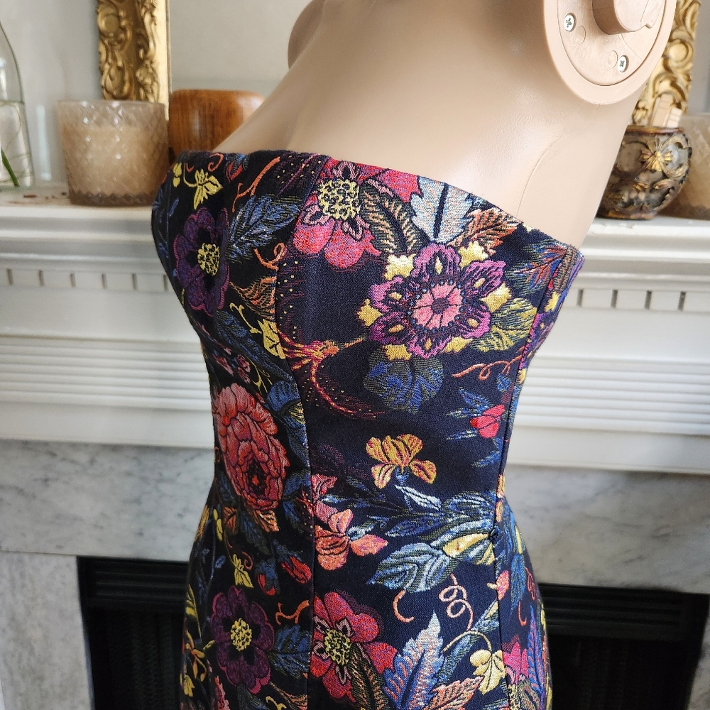 Bebe Black Mini Brocade Dress Sz 4 Floral Strapless Party Metallic Dark Romantic - Picture 8 of 11
